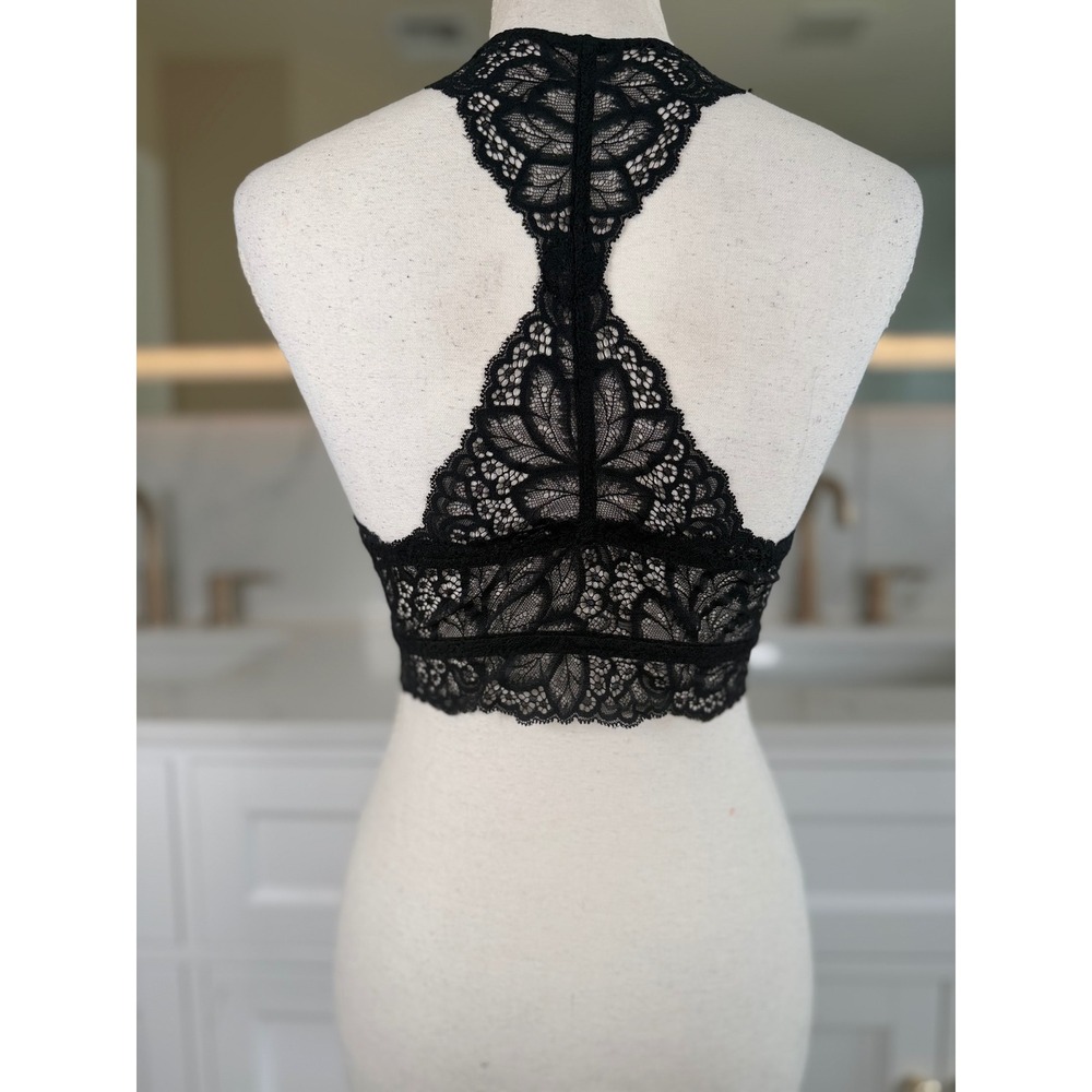 Auden Bralette Womens L Black Floral Lace Racerback Lightly Lined Stretch V Neck